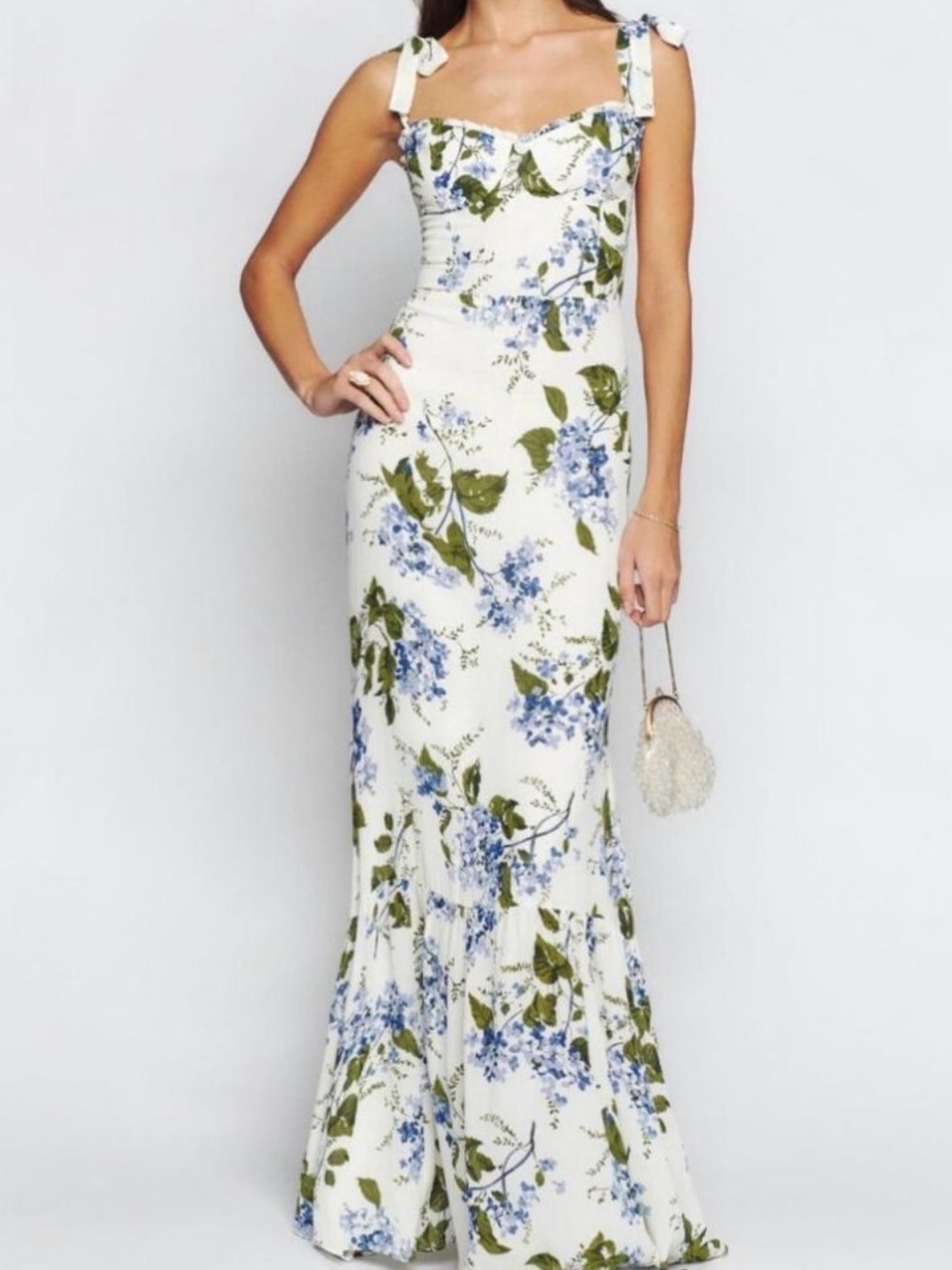 Reformation Jasen Dress
RIVIERA- Cream Dress with Blue Floral and Green Leaves